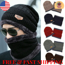 Mens Womens Winter Beanie Hat Scarf Set Warm Knit Hat Thick Fleece Lined Cap