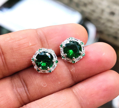 1.60Ct Round Cut Lab Created Emerald Halo Stud Earrings 14K White Gold Plated