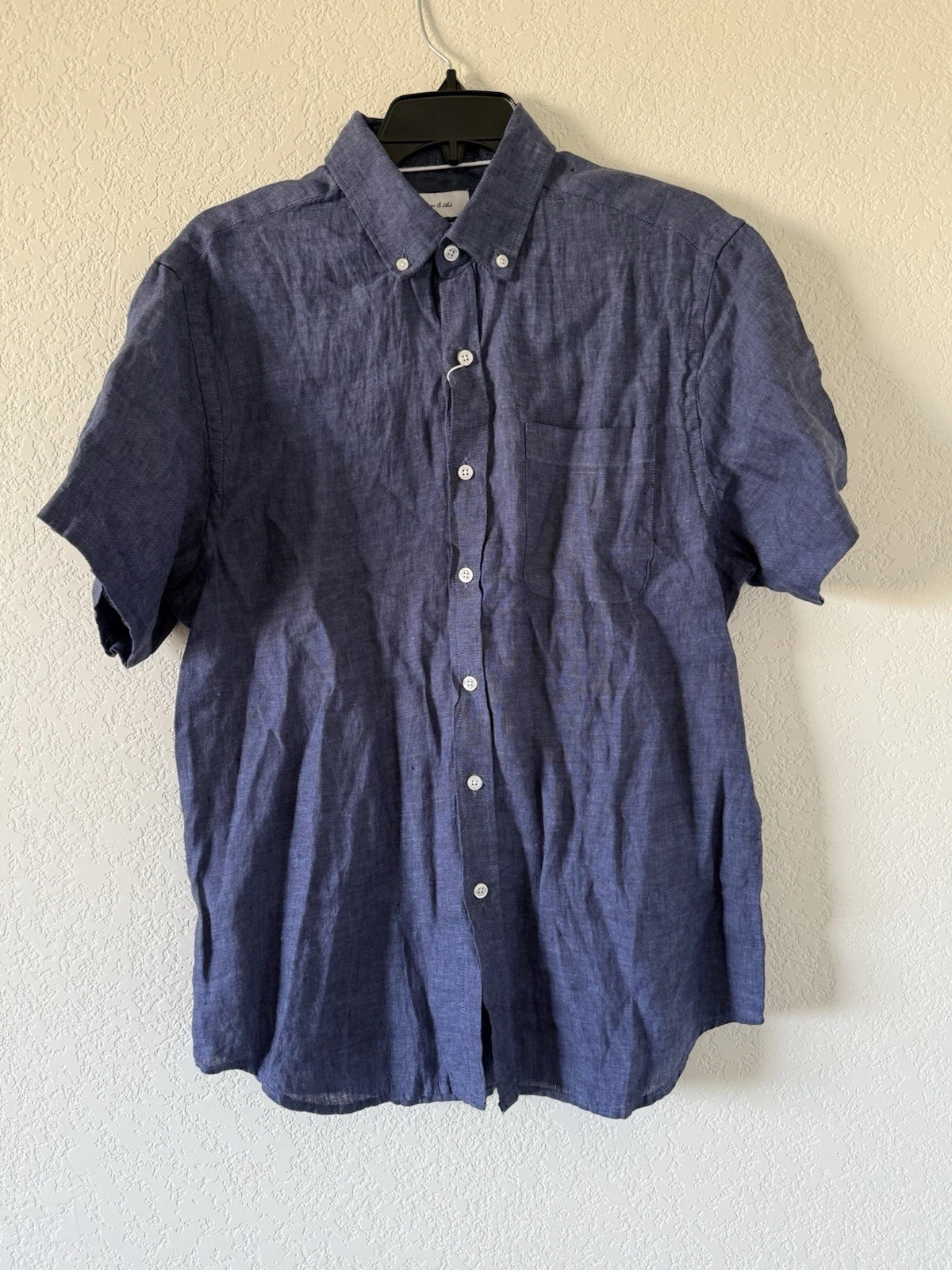 Porter & Ash Structured Luxe Linen Shirt Large Short Sleeve Blue