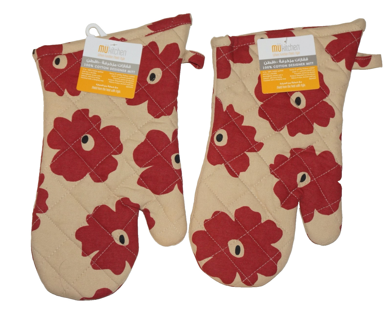 MU KITCHEN Beige & Red FLOWERS 100% Cotton Quilted Oven Mitts
