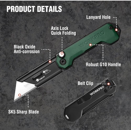 WORKPRO 3-Pack Folding Utility Knife Set Quick Change Blade Box Cutter EDC Knife - Picture 8 of 9