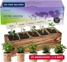 5 Herb Garden Kit with Wooden Box - Including Basil, Thyme, Parsley, Rosemary, M