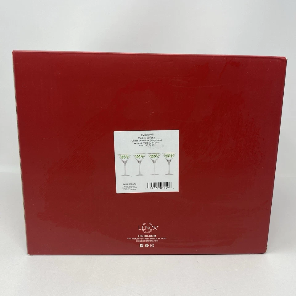 Lenox Holiday Martini Vasos Hojas de Acebo JUEGO DE 4 Navidad NUEVO Caja Foto 4 de 4