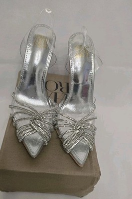 Damen Silber Plexiglas verziert Spitz zulaufend High Heel Sandalen Größe UK 5 EU 38