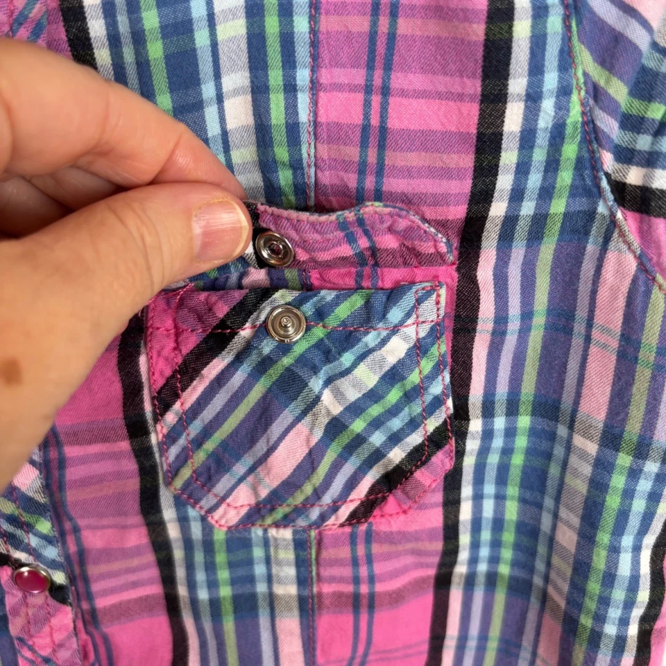 Y2K OP океана Pacific девочек розовый клетку жемчуг Snap рубашка без рукавов 10/12 хлопок - Изображение 4 из 4