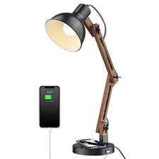  LED Sapele Wood Desk Lamp with Upgraded Wireless Charger & USB C Charging 