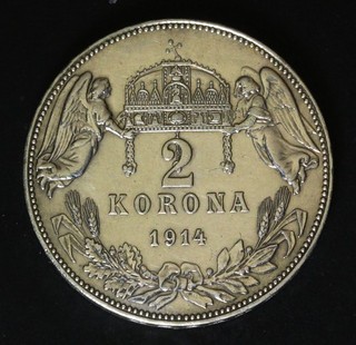 HUNGARY 2 Korona 1914 KB Silver 0.835 Franz Joseph I. XF/aUNC 3172