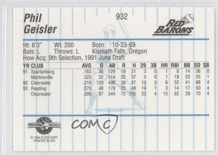 1994 Fleer ProCards Minor League Phil Geisler #932 Rookie RC - Image 2 of 2