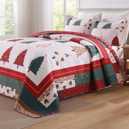 Holiday Forest 3 Pcs Festive Christmas Tree Quilt Bedspread Set BY219 - Picture 18 of 26