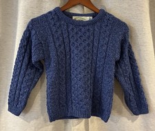 Aran Crafts Sweater Blue Wool Hiking Cable Knit Fisherman Ireland Chunky Kid 6-7