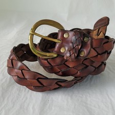 Vintage Brown Leather Braided Belt Brass Buckle Adjustable Boho Wmn's M Sz 32