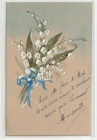 Old postcard fantasy translucent celluloid WITH THIS FLOWER OF MAY.. LILY OF THE VALLEY written 1900