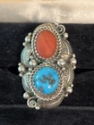 Vintage Signed “PB” Navajo Sterling Silver Turquoise Coral Ring Sz 6 (J)