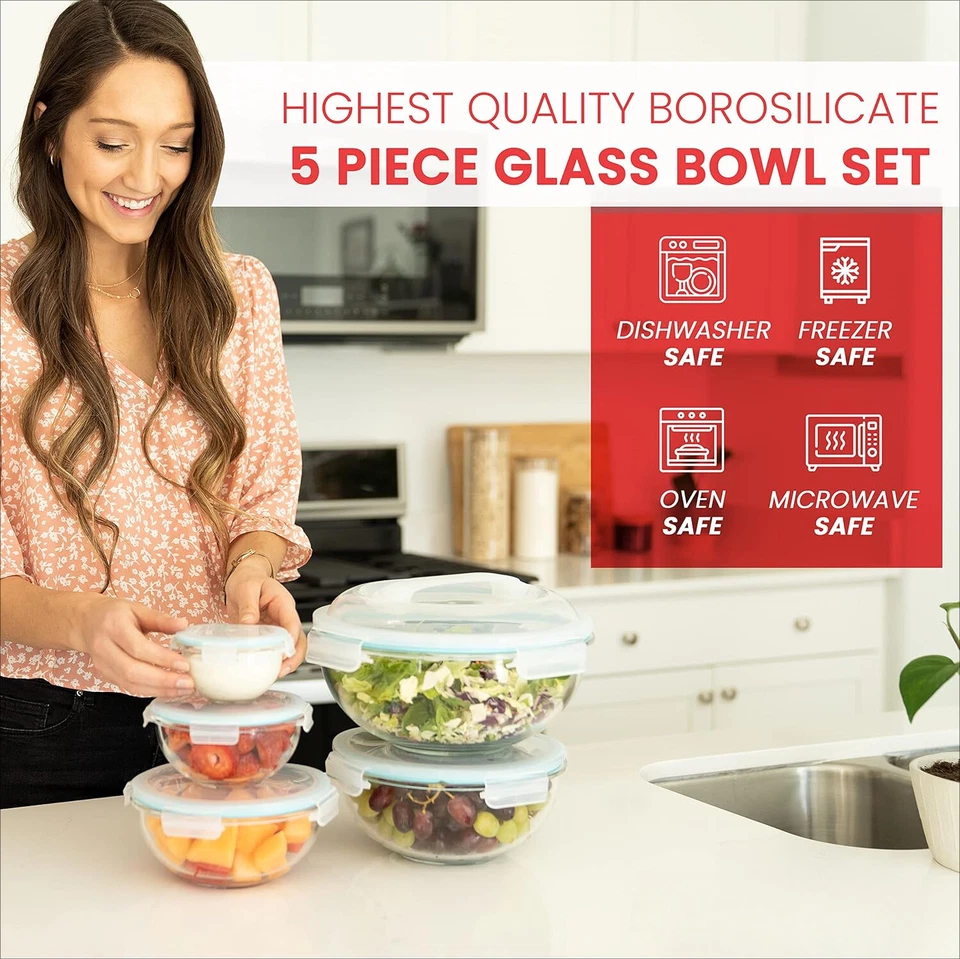 Juego de 5 cuencos de vidrio para almacenamiento de alimentos con tapas selladas con bloqueo a presión - apilables Foto 3 de 4