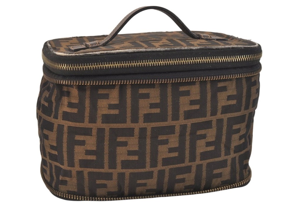 Authentic FENDI Zucca Folding Vanity Bag Pouch Purse Nylon Leather Brown 4982L
