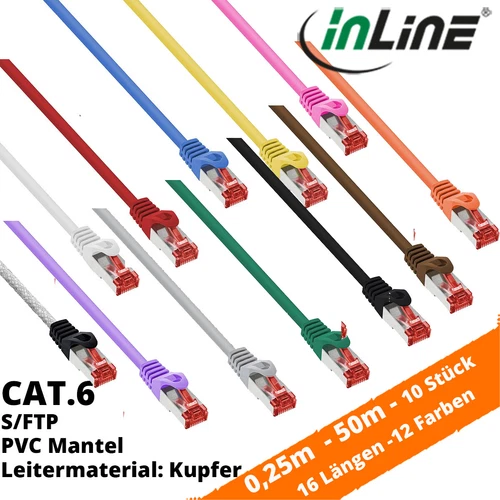 10 x Netzwerk Patchkabel Inline Cat 6 0,25m - 50m 1 Gbps CU S/FTP LAN 12 Farben