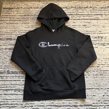 CHAMPION Solid Black Sweatshirt Hoodie Embroidered Youth Boys Size M Medium