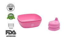 BABY / TODDLER FEEDING SET 2 Silicone no slide Bowls 2 Sippy Lids Pink NEW