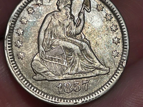 1857 Silver Seated Liberty Quarter- Philadelphia, XF/AU Details