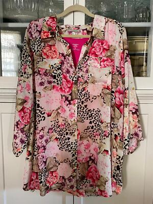 DRESSBARN WOMAN PLUS 3X 2 Piece Blouse Tank Top Shirt Tab Sleeve Rose Pink Flora