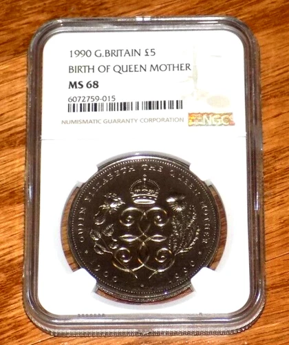 1990 GREAT BRITAIN Birth Queen Mother Elizabeth II 5 Pound UNC Coin NGC MS 68
