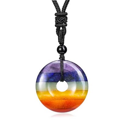 Natural 7 Chakra Crystal Quartz Donut Stone Lucky Coin Pendant Amulet Necklace