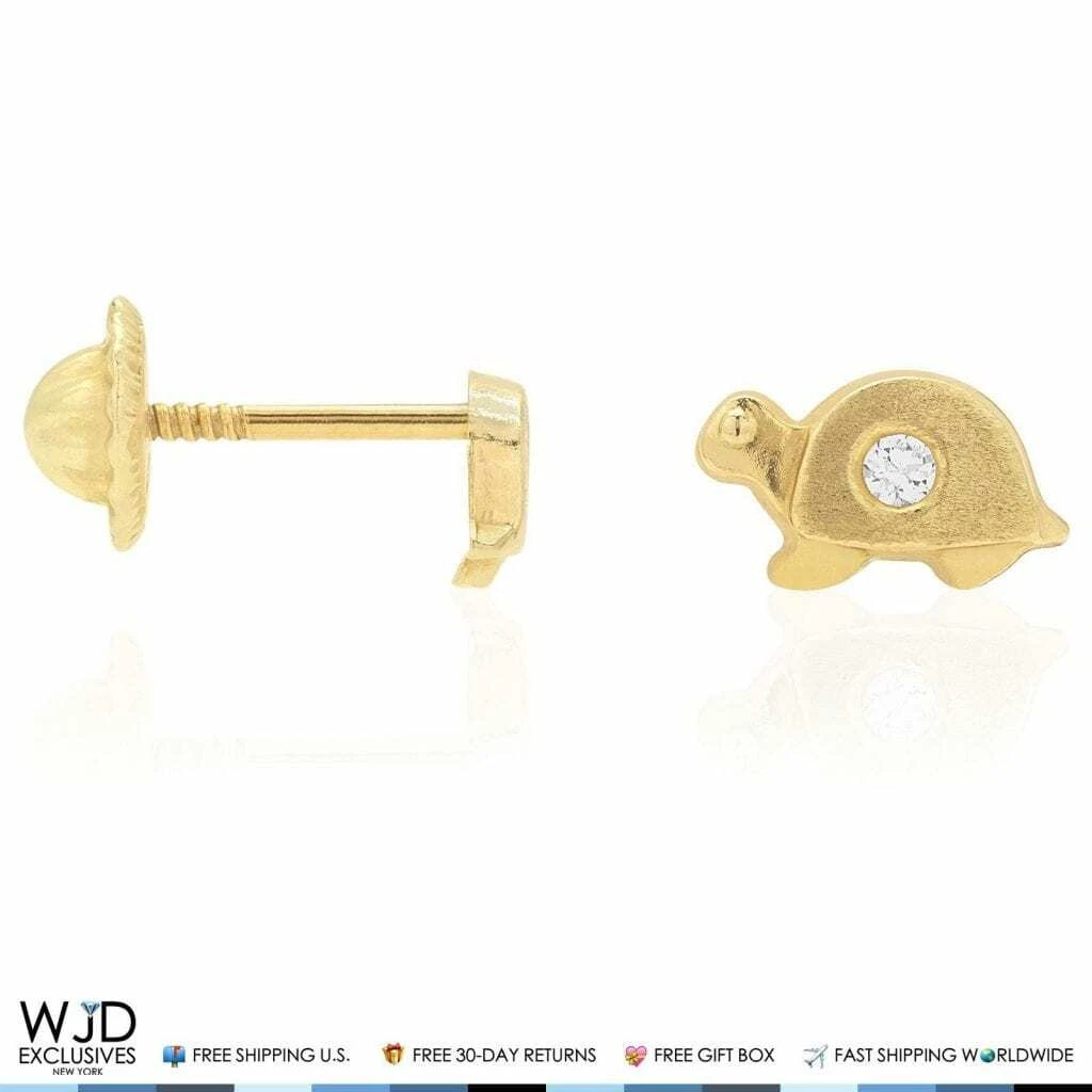 14K Solid Yellow Gold White Zircon Turtle Baby Screwback Stud Kid