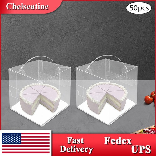 50 Pcs Clear Cake Boxes Plastic Cake Carrier with Lid and Handle 14*14*14cm New