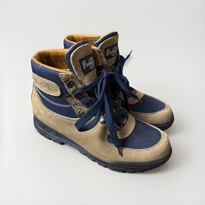 Vtg Vasque Boots Skywalk Tan Suede Blue Canvas Goretex Made In Italy Men 5.5 EUC