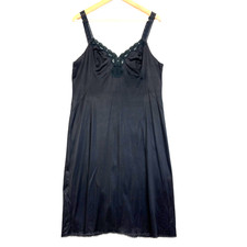 Vtg 70s Vanity Fair Womens Black Lace Trim Nylon Slip Dress Goth Vamp Sz 38 L