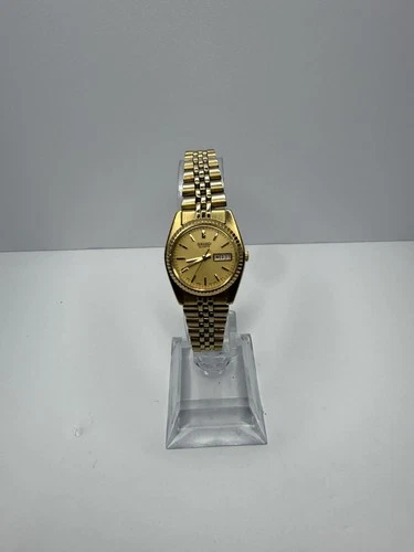Seiko Watch Women 25mm Gold Dial Gold Tone Daydate Round 7N83-0041 New Battery