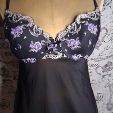 delicates Black Mesh Chemise Gown Purple/Silver Floral Embroidery Adjustable M