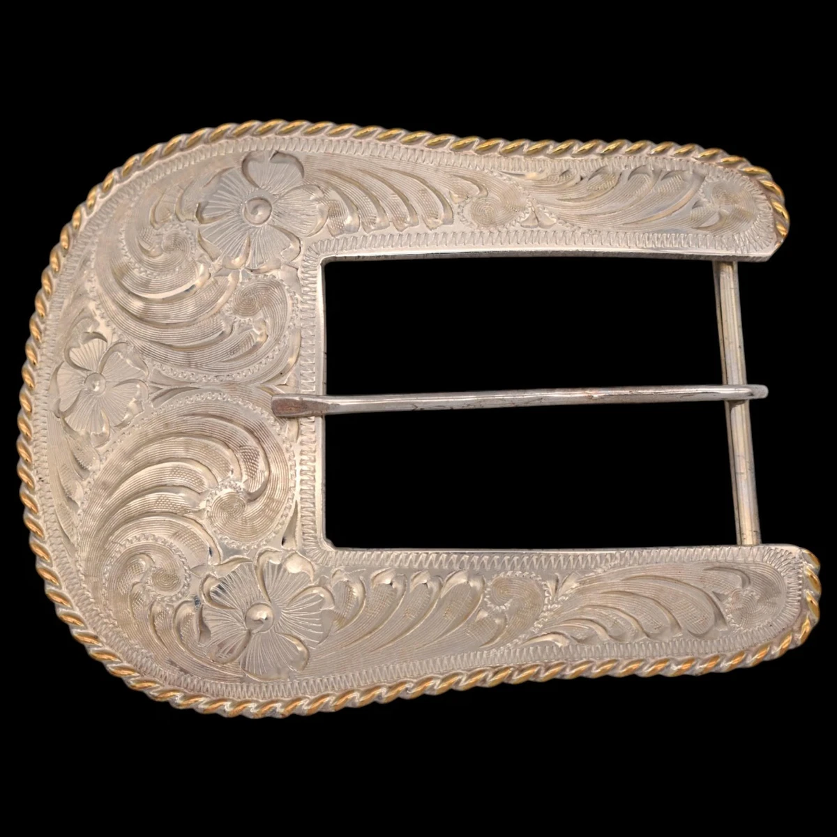 Vintage 3 PC Southwestern Silver & Gold Belt Buckle Hardware Set Unknown Mark Vintage 3 Piece Western Belt Buckle Set - Roper Flower and  main image 3