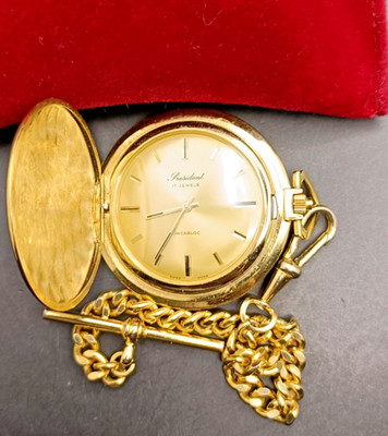 Vintage PRESIDENT 17 Jewels Ultra Slim Mechanische Taschenuhr / Kette - GVC / Funktioniert