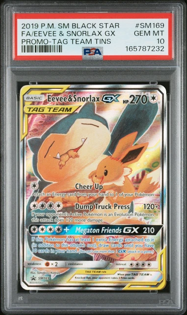 EEVEE & SNORLAX GX SM169 POKEMON TAG TEAM TINS SM BLACK STAR PROMO PSA 10