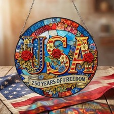 USA Stained Glass Suncatcher, Patriotic Window Decor, 250 Years of Freedom