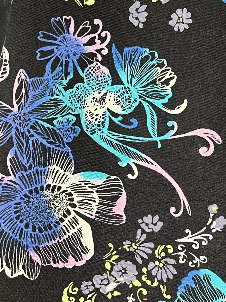 Blusa Médica Estrella Mujer MEDIANA Negra Turquesa Floral Flores Bolsillos Foto 4 de 4