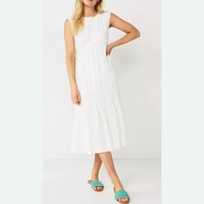 Nine West - women’s White crinkle Tiered Midi Sleeveless Dress round neck size L