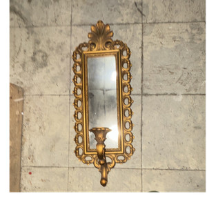 Gold Ornate Rectangle Wall Mirror w/ Candle Sconce, Vertical Wall Mount 24x7