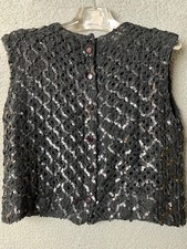 Vintage Black Sequin Knit Cropped Top Diamond Pattern Button Front 80s Glam VTG