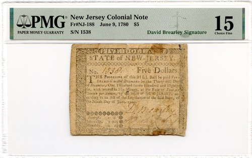 New Jersey Colonial Note Fr#NJ-188 9.06.1780 PMG F-15 David Brearley Constitution