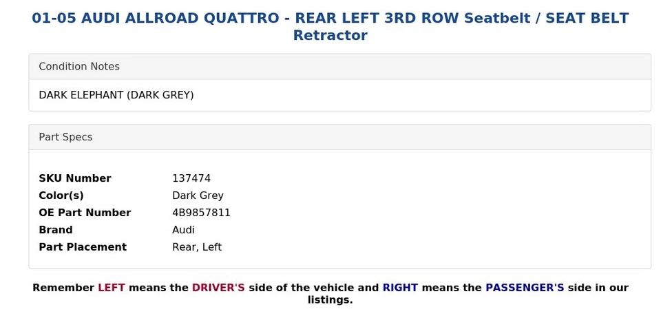 01-05 AUDI ALLROAD QUATTRO - REAR LEFT 3RD ROW Seatbelt / SEAT BELT Retractor - Image 3 of 4