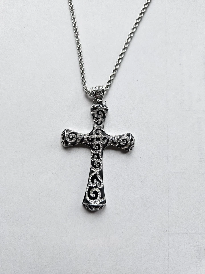 Halskette 45+5 cm & Kreuz  60x35mm Messing Silber Rhodiniert Emaille Kristalle 