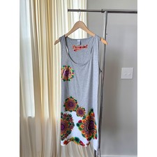 Desigual Dress XL Gray Racerback Colorful Floral Beaded Sequin Wearable Art Boho