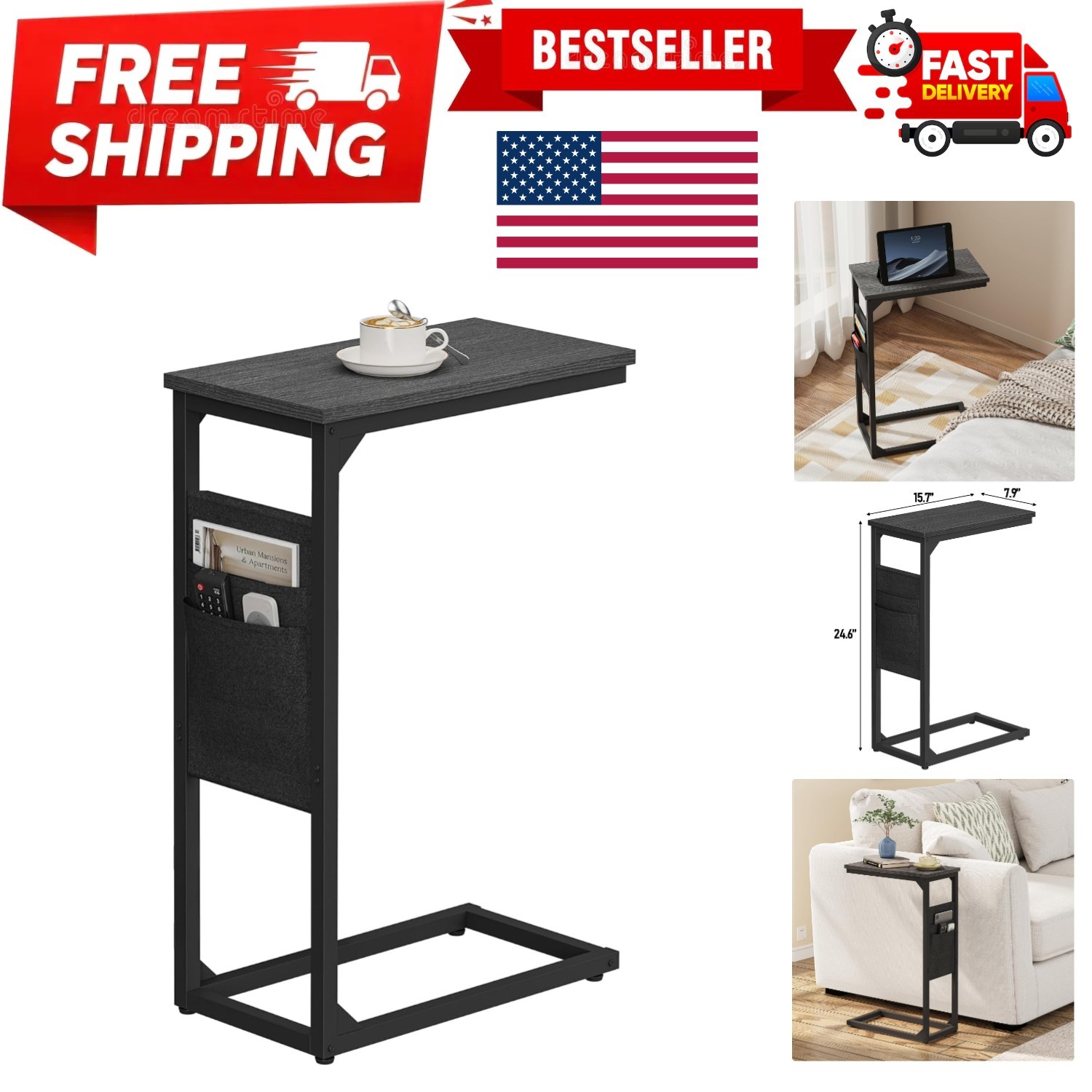 C Shaped End Table, Side Table for Couch, Sofa Table with Storage Bag, TV Tra...