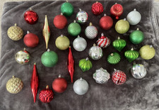 Lot of 35 Shatterproof Christmas Ornaments Red Green Silver Gold