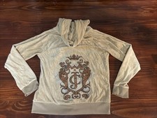 Y2K Juicy Couture Tan Velour Full Zip Front Track Hooded Jacket Bling Crest L