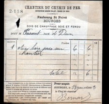BOURGES (18) CHANTIER DU CHEMIN DE FER / BOIS de chauffage "Arsene COLLET" 1893
