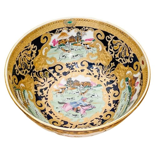 Large Chinese Export Hunting Scene Punch Bowl 14"W Vintage Chinoiserie Bowl - Picture 5 of 10