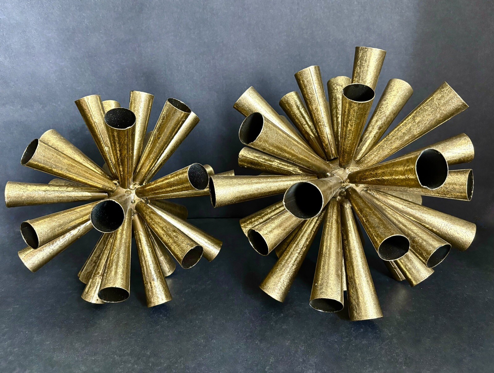 2 Metal Starburst Sputnik Style Tube Sculptures 10” And 8” Gold Tone Vintage